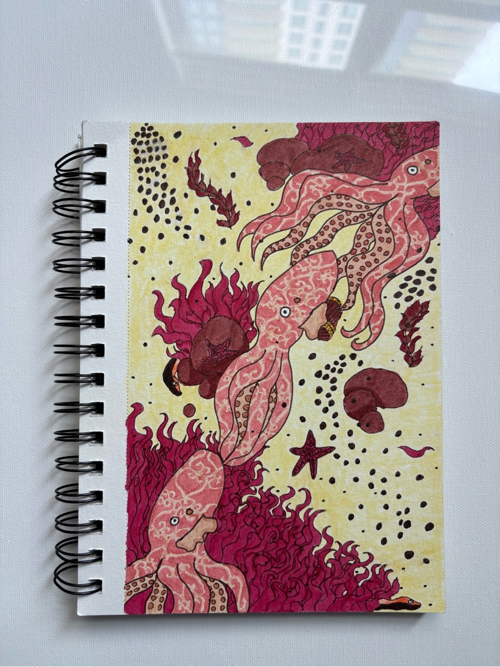 Octopus in Motion Original Art - 8.5 x 11” Pink and Yellow